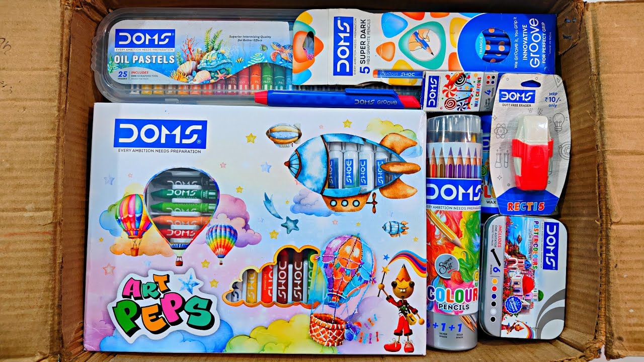 Unboxing New DOMS Stationery 📚, Poster colour, Art Peps kit, Oil pastels, Floating Pen, Eraser, Glue