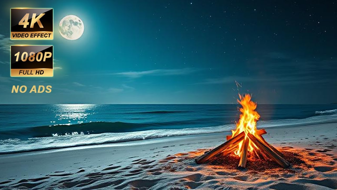 🌊  Relaxing Waves & Crackling Fire Sounds 10 Hours of 4K Campfire on the Beach 🔥 (no Ads)