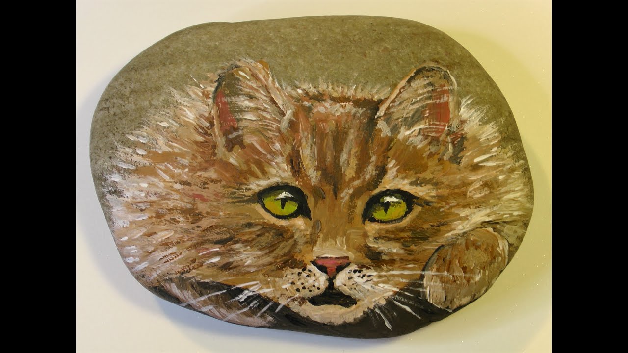 Steine bemalen, Katze. Animal Painting on a Rock, Cat.