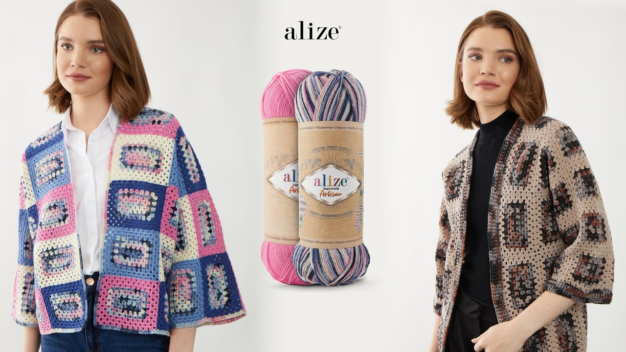 Кардиган с прямоугольным мотивом с пряжей Alize Superwash Artisan