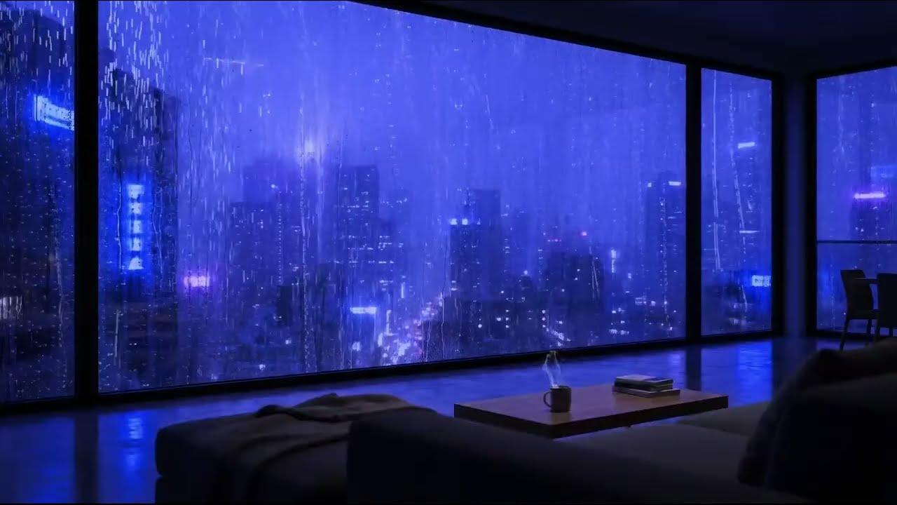 Midnight Rain in a Moody Blue Apartment 🏙️ Heavy Rain Sounds for Anxiety Relief & Deep Sleep