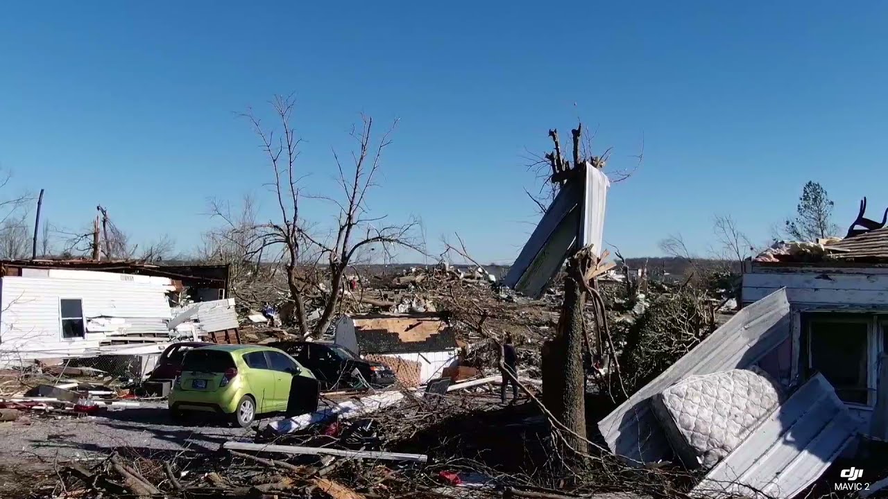 Drone flight shows tornado damage across Dawson Springs, Ky.