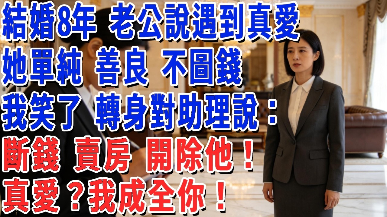 結婚8年 老公說遇到真愛，她單純 善良 不圖錢，我笑了 轉身對助理說：斷錢 賣房 開除他！真愛？我成全你！#妮妮故事會 #情感故事 #老年生活
