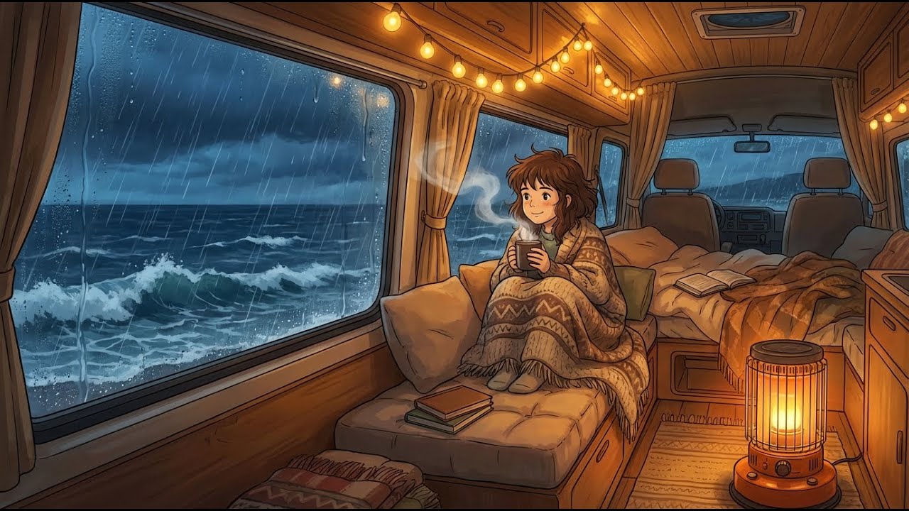 Living in a Tiny Motor Home | Rain on the Roof & Ocean Waves 🌧️ Slow Life