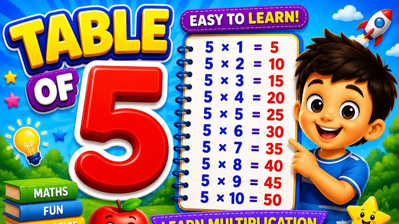 Table of 5, Learn Multiplication Table of Five 5 x 1 = 5, 5 Times Tables, 5 ka Table, Maths table