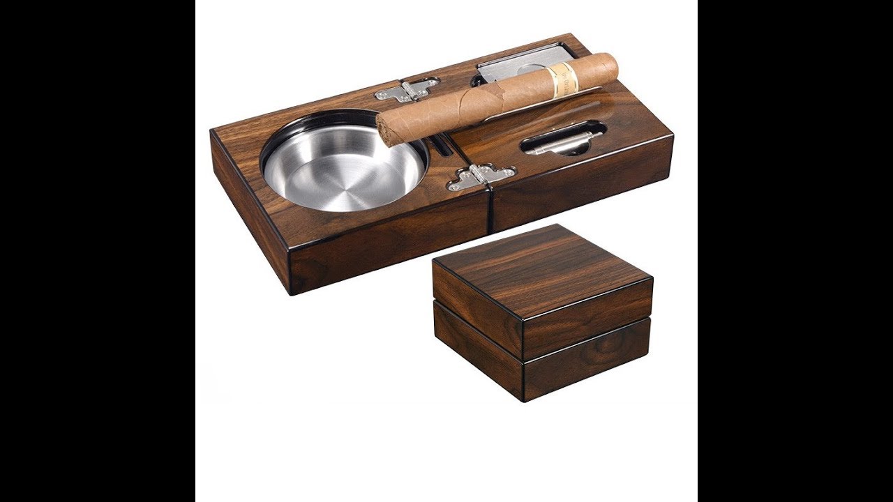Folding Wooden Portable Cigar Ashtray Set with Cutter Punch Gift Collection