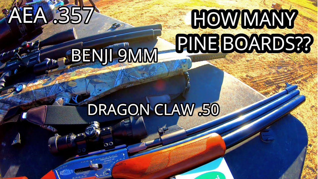 CARBON FIBER AEA TERMINATOR VS BENJAMIN BULLDOG .357 VS DRAGON CLAW .50 CAL PINE BOARD AIRGUN TEST!