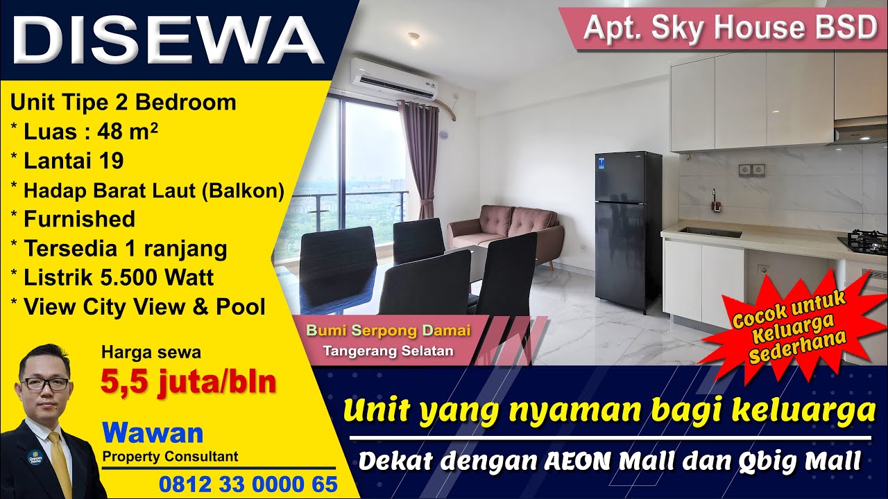Disewakan Apartemen Sky House BSD Tower Jervois 2 Bed Room Full Furnished Lt.19