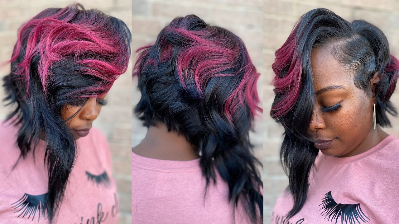 Edgy Black & Burgundy  asymmetrical Quickweave Bob Cut