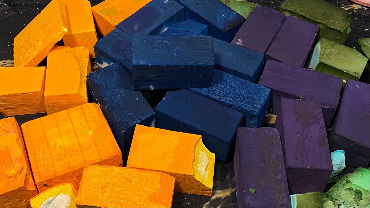 Dyed Blue Yellow Purple and Green Gym Chalk Blocks | Oddly Satisfying | Gym Chalk ASMR| Pebbles Play