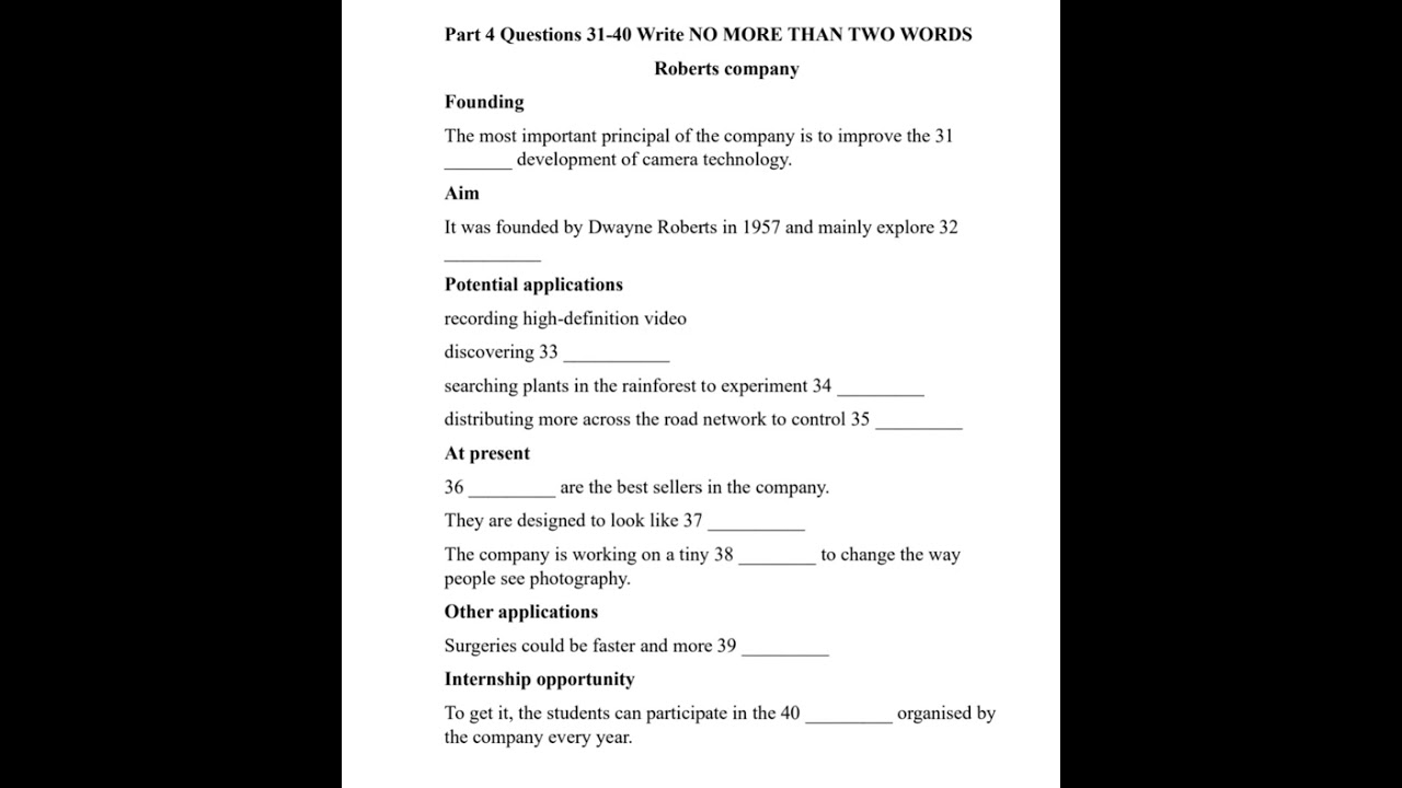 IELTS actual listening test with answers | Part 4 Roberts company