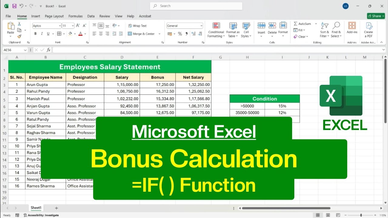 How to Calculate Bonus on Salary in Microsoft Excel | IF Function in Excel