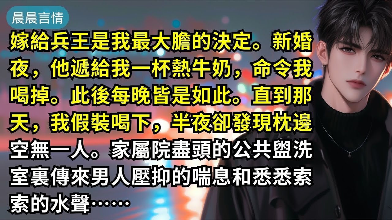 嫁給兵王是我最大膽的決定。新婚夜，他遞給我一杯熱牛奶，命令我喝掉。此後每晚皆是如此。直到那天，我假裝喝下，半夜卻發現枕邊空無一人。家屬院盡頭的公共盥洗室裏傳來男人壓抑的喘息和悉悉索索的水聲……