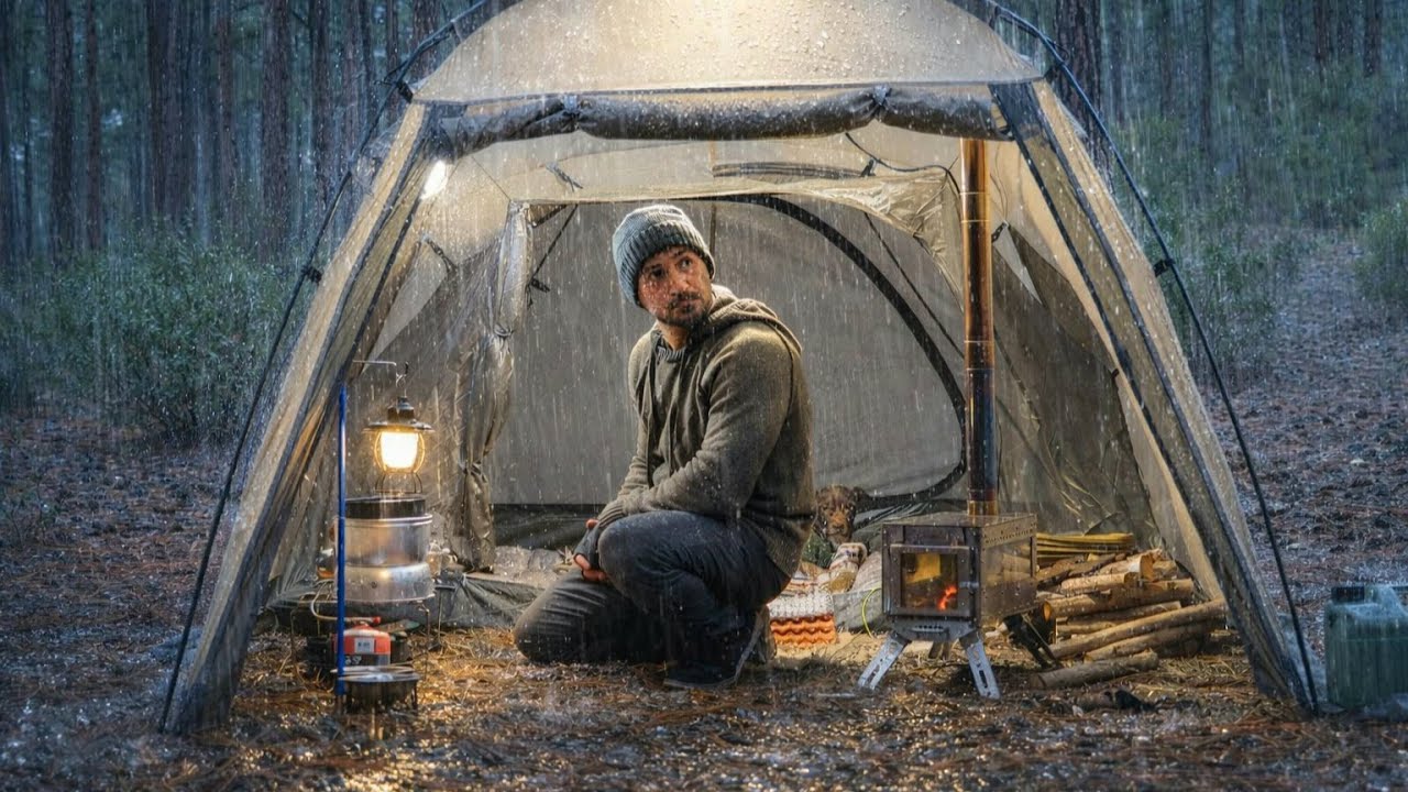 Solo Camping in Rain with My Dog . Warm Tent Wood Stove ASMR