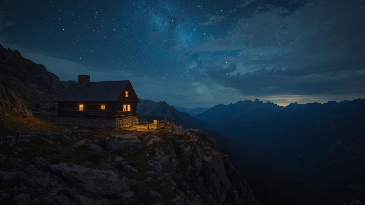 Alpine Mountain Cabin At Night Cozy Moody Vintage Painting | Frame TV Art | 2-Hour Screensaver