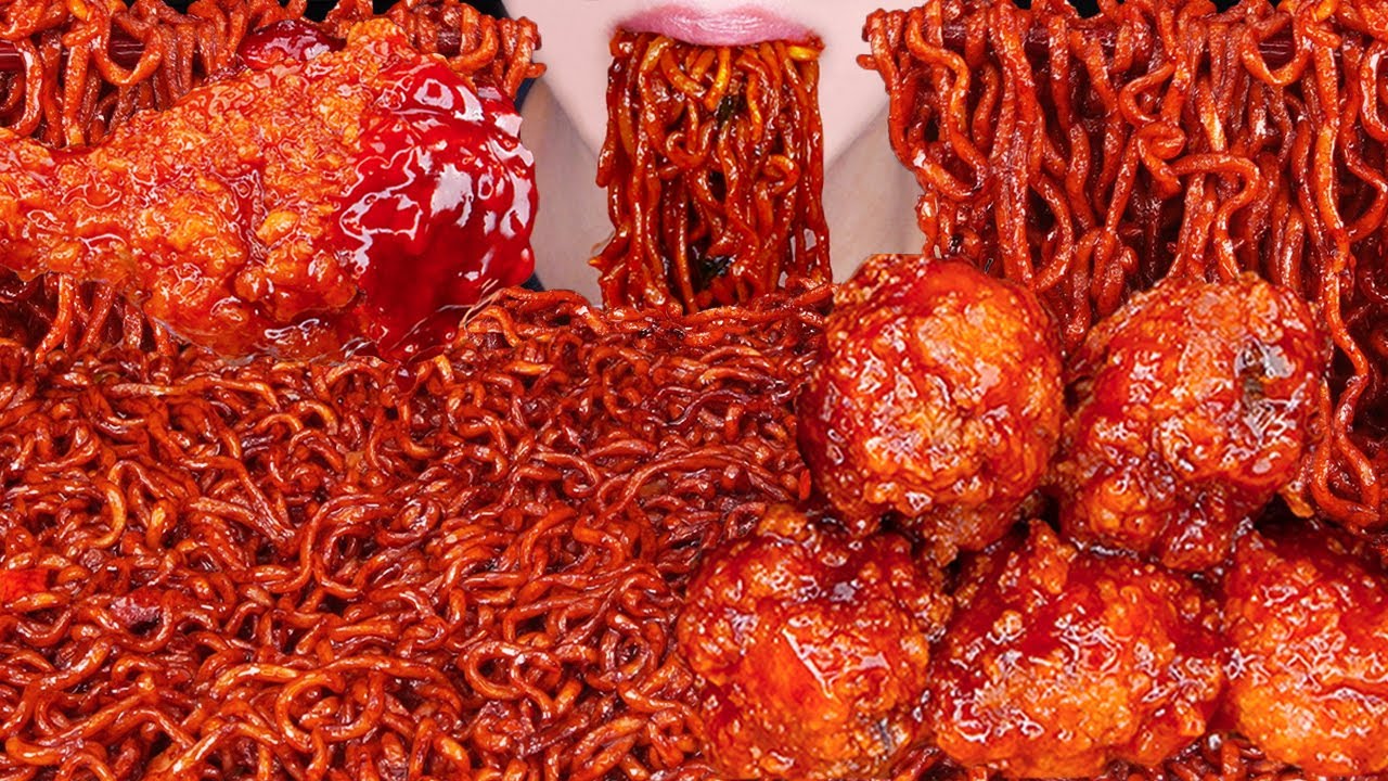ASMR SPICY BLACK BEAN NOODLES BBQ VAMPIRE FRIED CHICKEN FIRE SAUCE COOKING MUKBANG 먹방 EATING SOUNDS