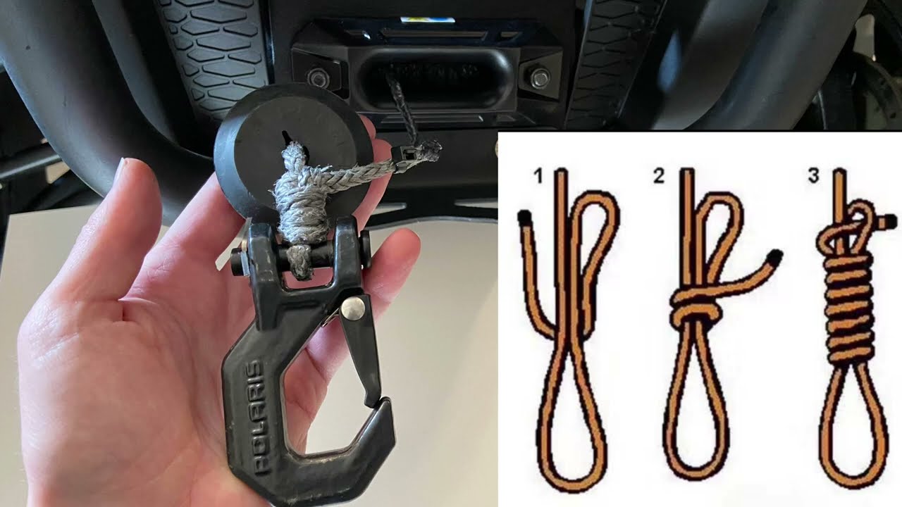 Mönkijän vinssin dyneema-köyteen solmu ja liukukita kumistopparilla.