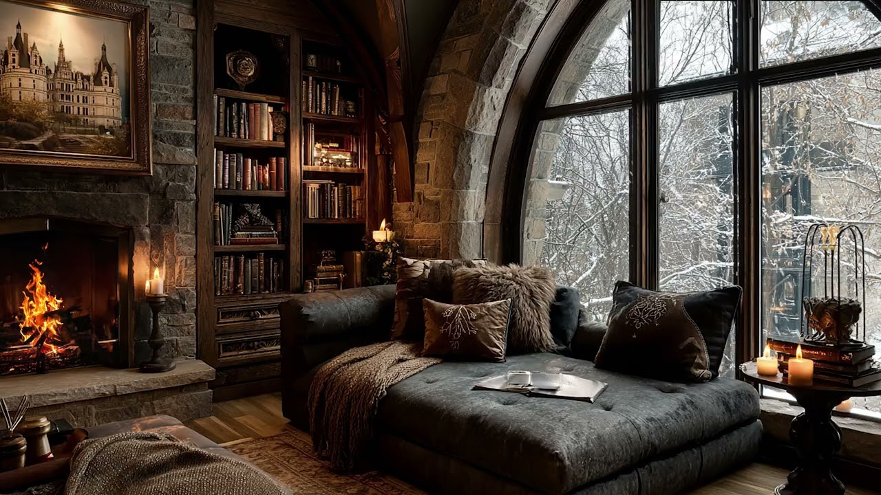 Winter Piano Room | Cozy Bedroom Piano Music While Snow Falls and Cold Wind Blows Outside
