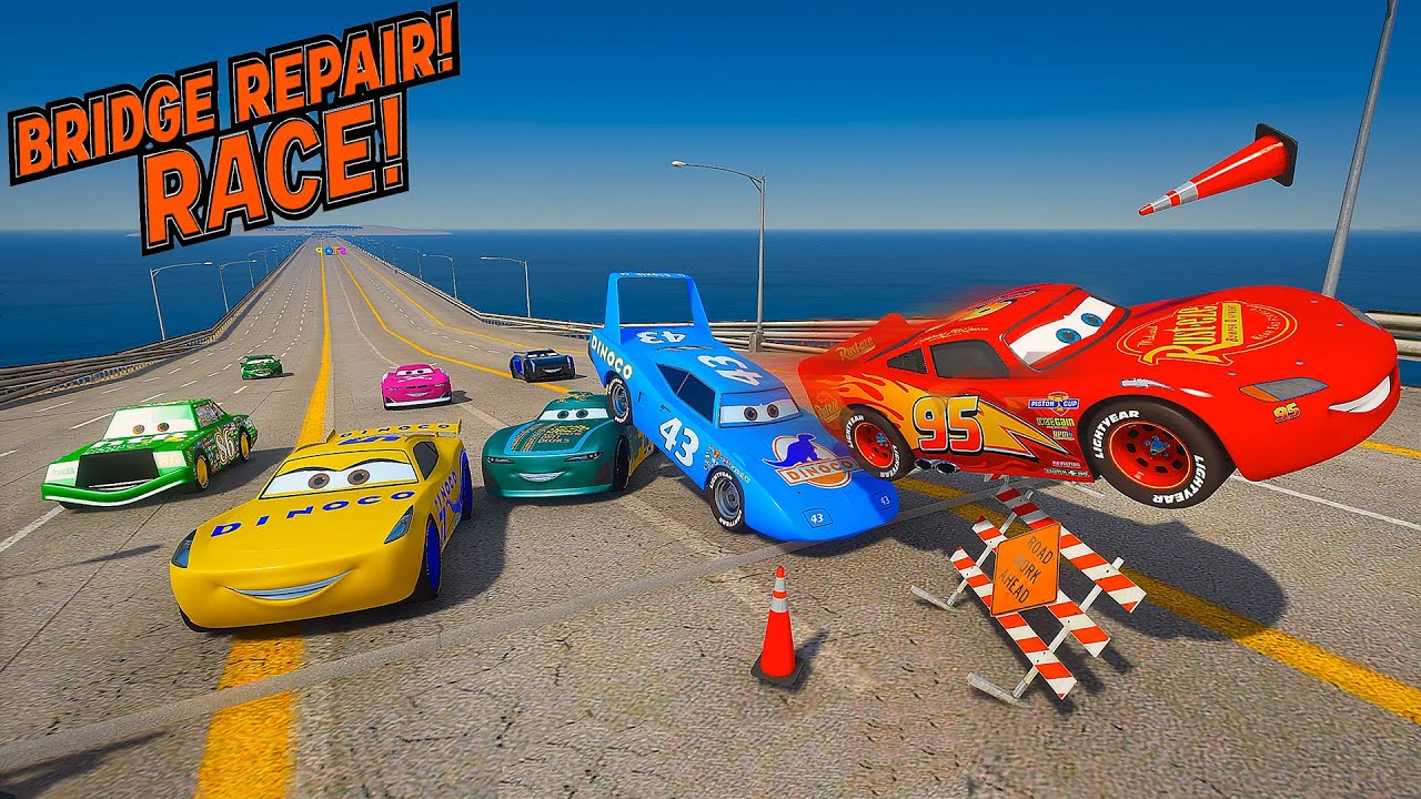 Cars Race Mega Bridge Obstacle Run   McQueen The King Chick Hicks Jackson Storm Cruz and Friends