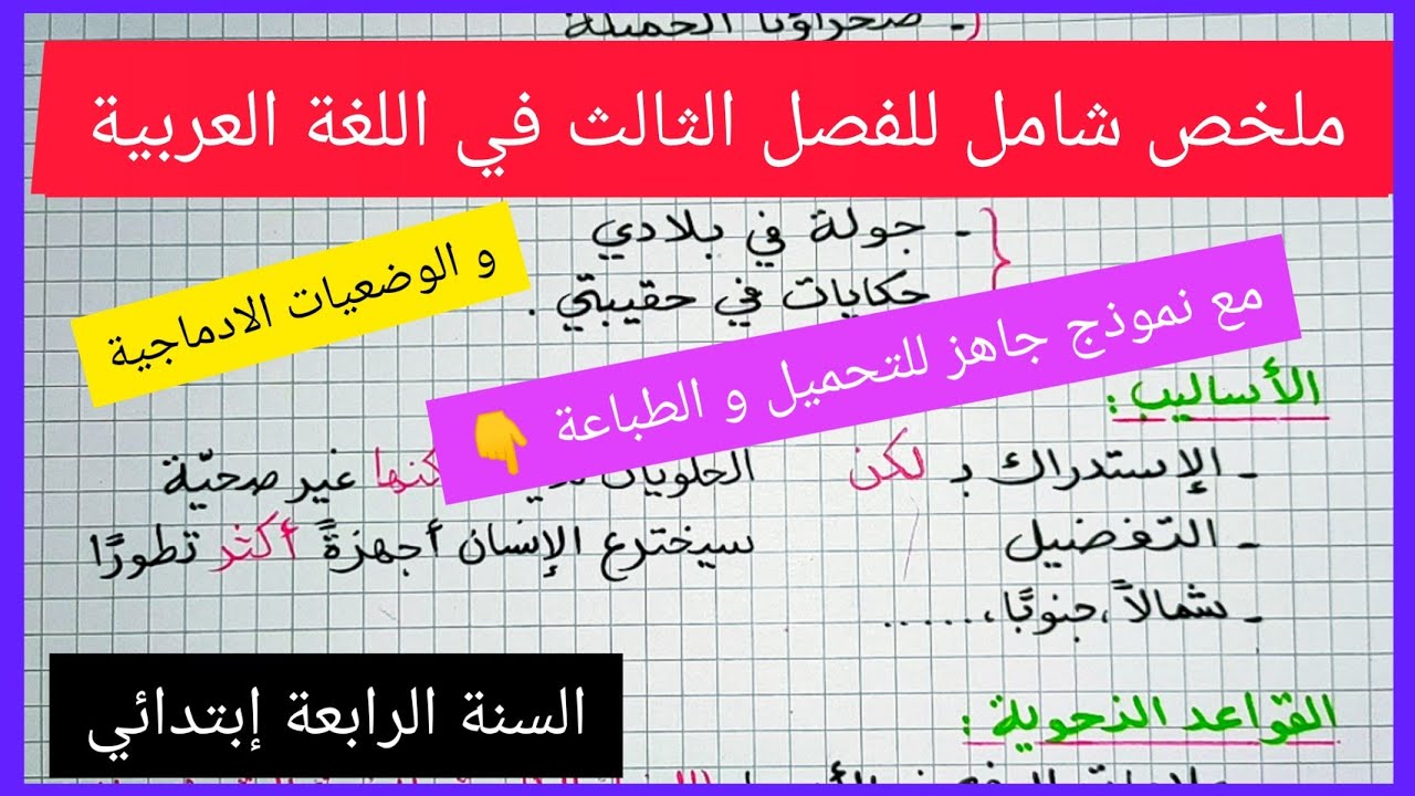 ملخص شامل للفصل الثالث في مادة اللغة العربية للسنة الرابعة إبتدائي