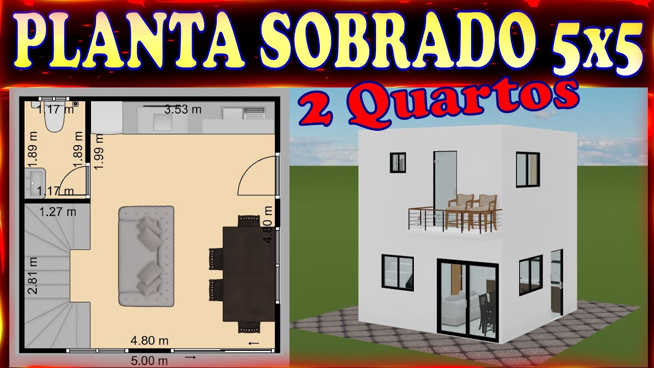 Planta Casa 5x5 - Sobrado com 2 Quartos e Cozinha Americana