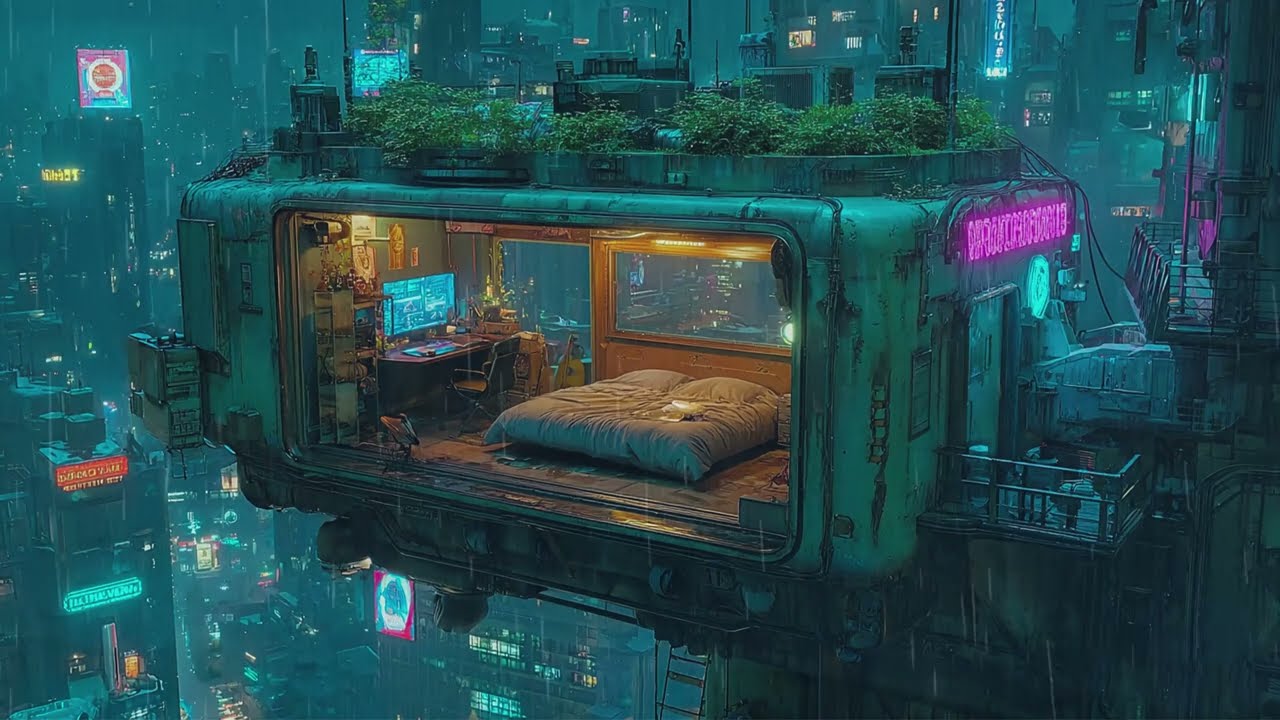 🎵 Cozy Cyberpunk Loft: Rain and Ambient Music | Cyberpunk Bedroom above the City | 4K