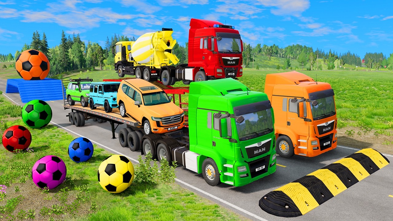 Flatbed Trailer McQueen Transportation with Truck - Speedbumps vs Cars vs Train #54 - BeamNG.Drive