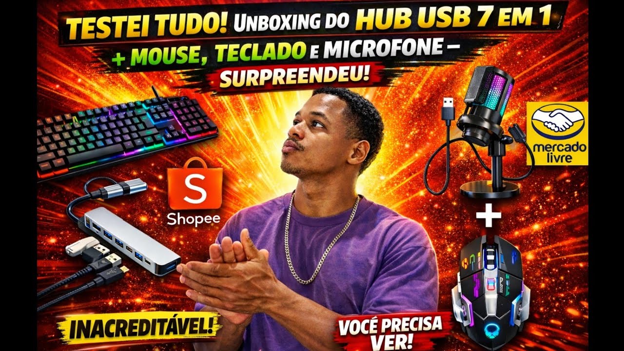 Unboxing do HUB USB 7 em 1 + Mouse, Teclado e Microfone – SURPREENDEU!
