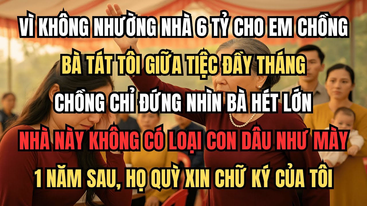 Tôi Bị Mẹ Chồng Tát Giữa Tiệc Vì Không Nhường Căn Nhà 6 Tỷ, 1 Năm Sau Họ Quỳ Trước Cổng Xin Tôi Ký
