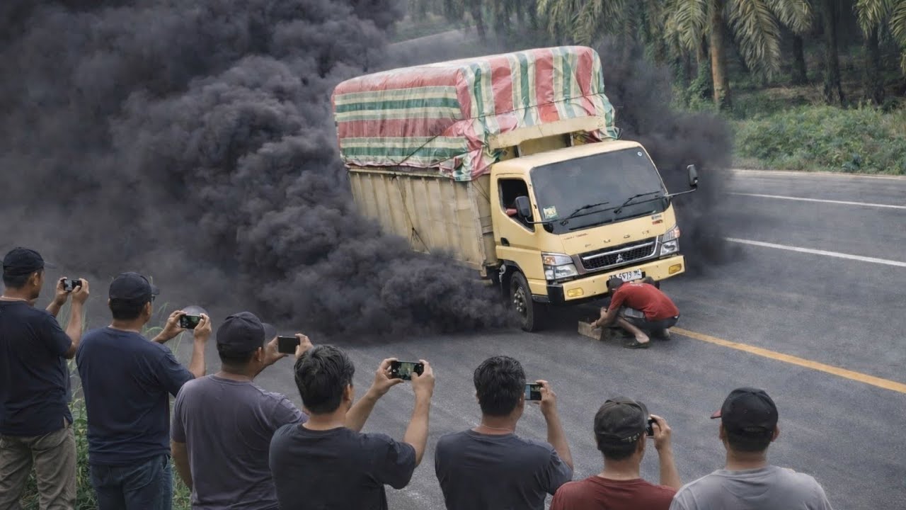 Aksi Nekat Mengganjal Truk di Tengah Kepulan Asap #viral #truck 
