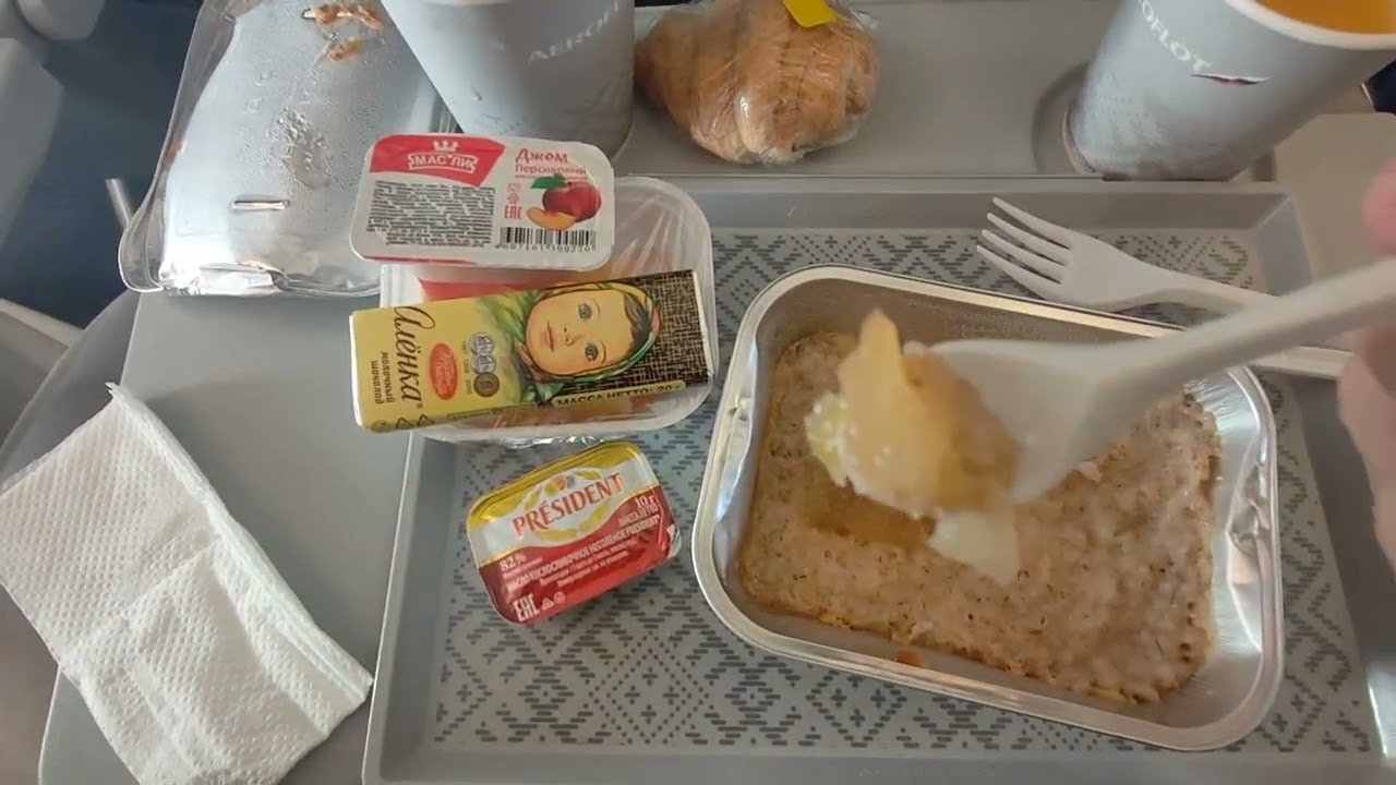 Lunch in the economy class of an Aeroflot Russia aircraft.