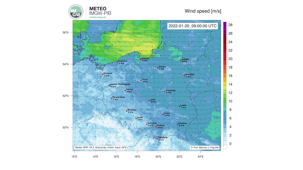 IMGW-PIB: Prognoza WRF-GFS Medium (wiatr w m/s) od 14.01 do 28.01.2022