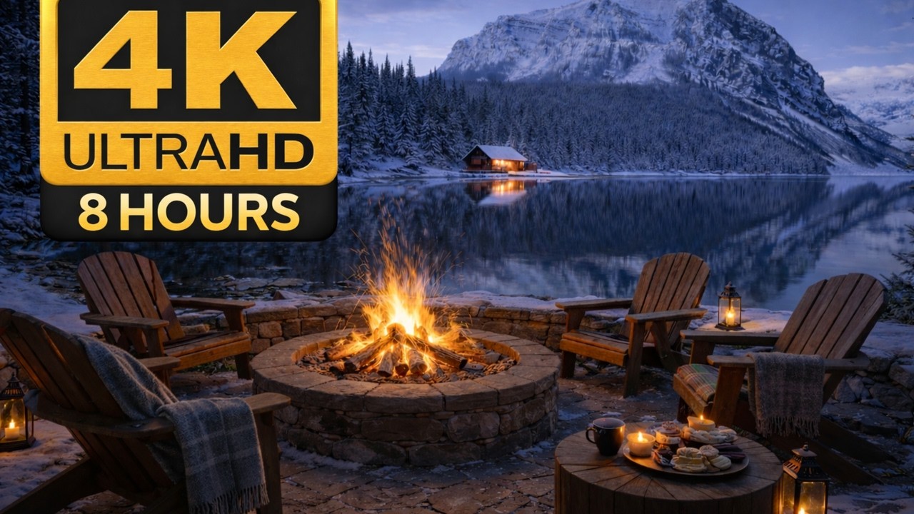 Cozy Winter Campfire by the Lake 🔥 4K Ultra HD • Relaxing Fire Sounds & Nature Ambience (8 Hours)