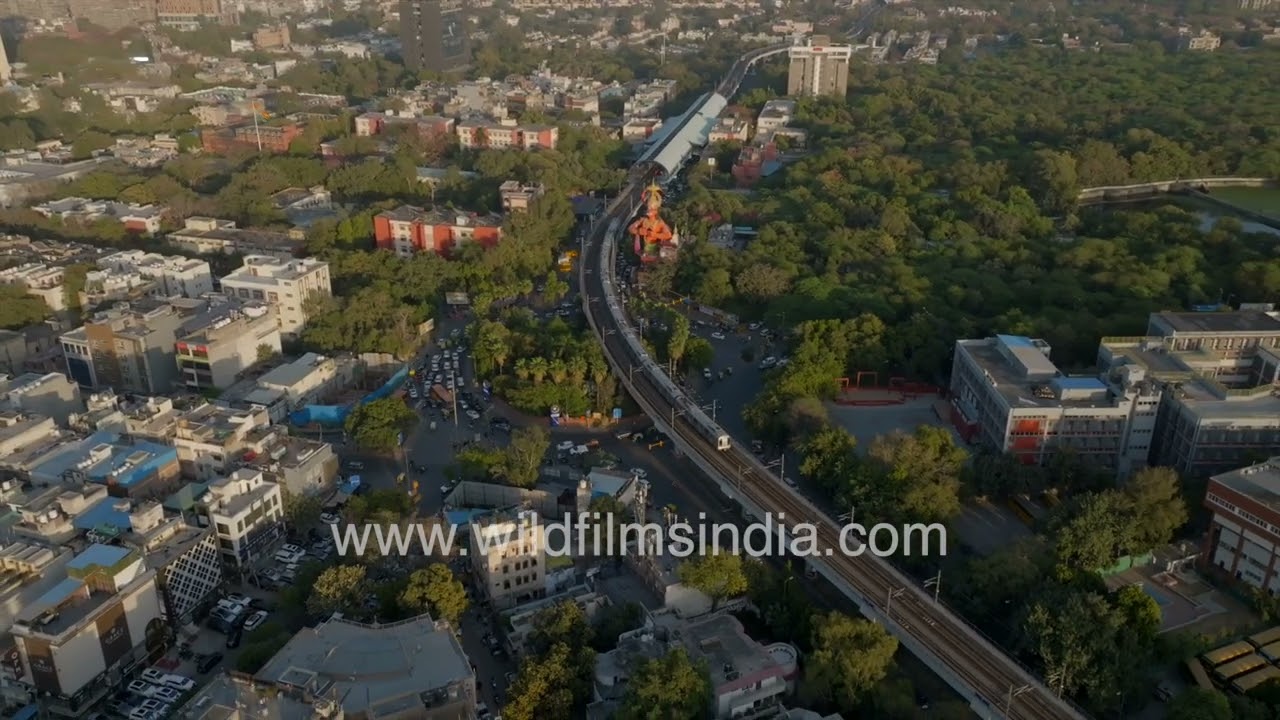 Hanuman Statue in Karol Bagh Delhi, along Blue line of Delhi Metro, in aerial view