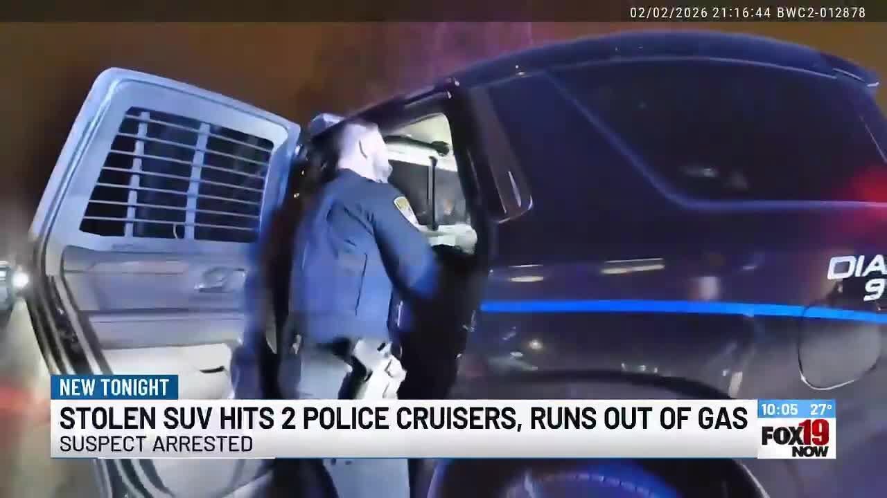 Stolen SUV hits 2 police cruisers - then runs out of gas