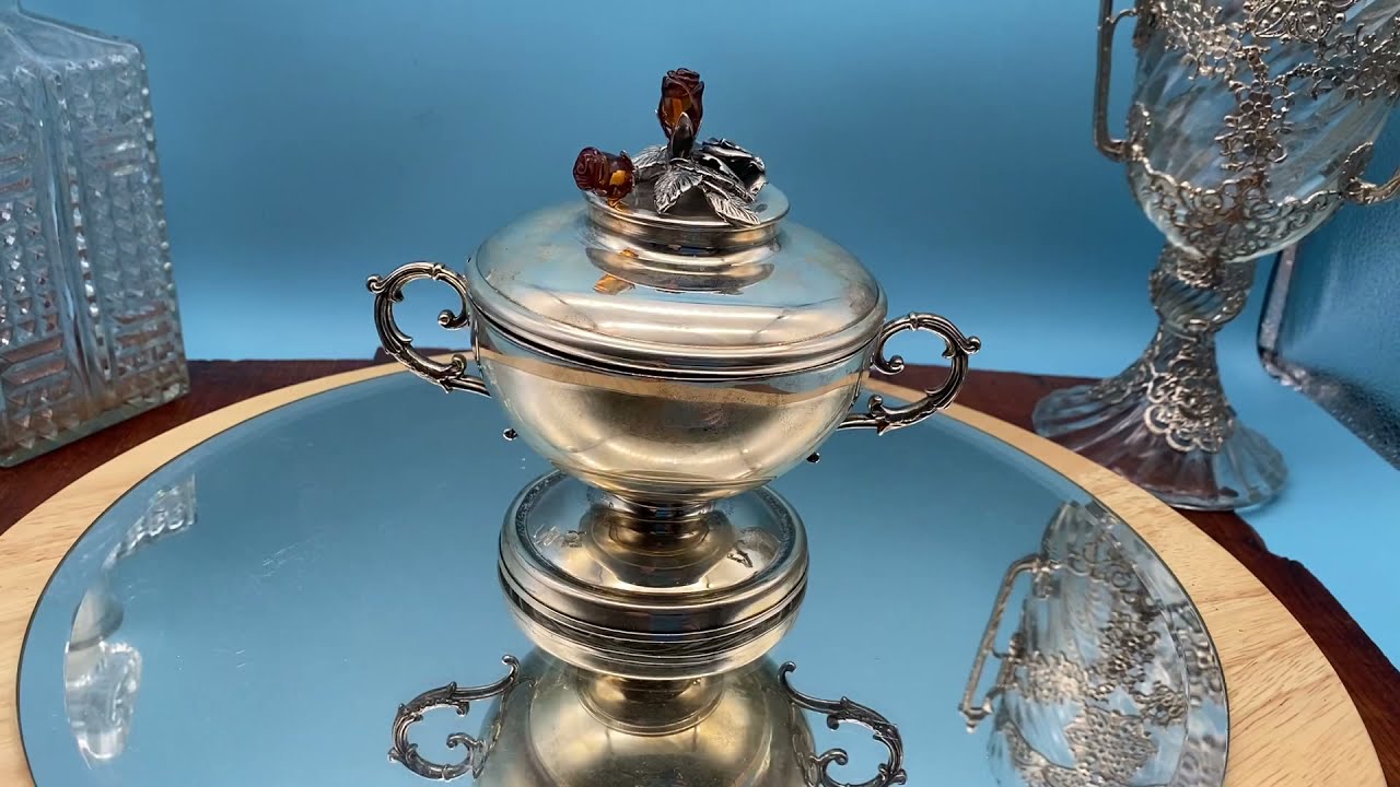 Vintage 925 Sterling Silver Sugar Bowl with Amber Stone Roses