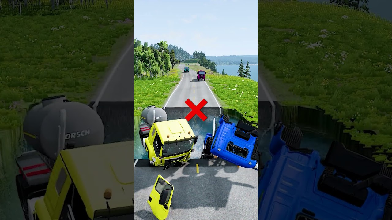 Tanker trucks vs massive water pit #73 #tankertruck #monstertruck #buscrash #carcrash #color