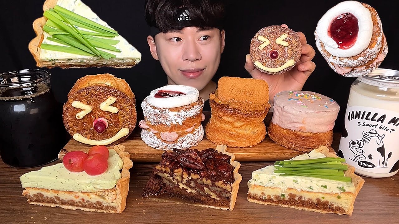 SUB) Шоу поедания корейских крунатов и пирогов│Korean croissant donut, tart dessert mukbang asmr