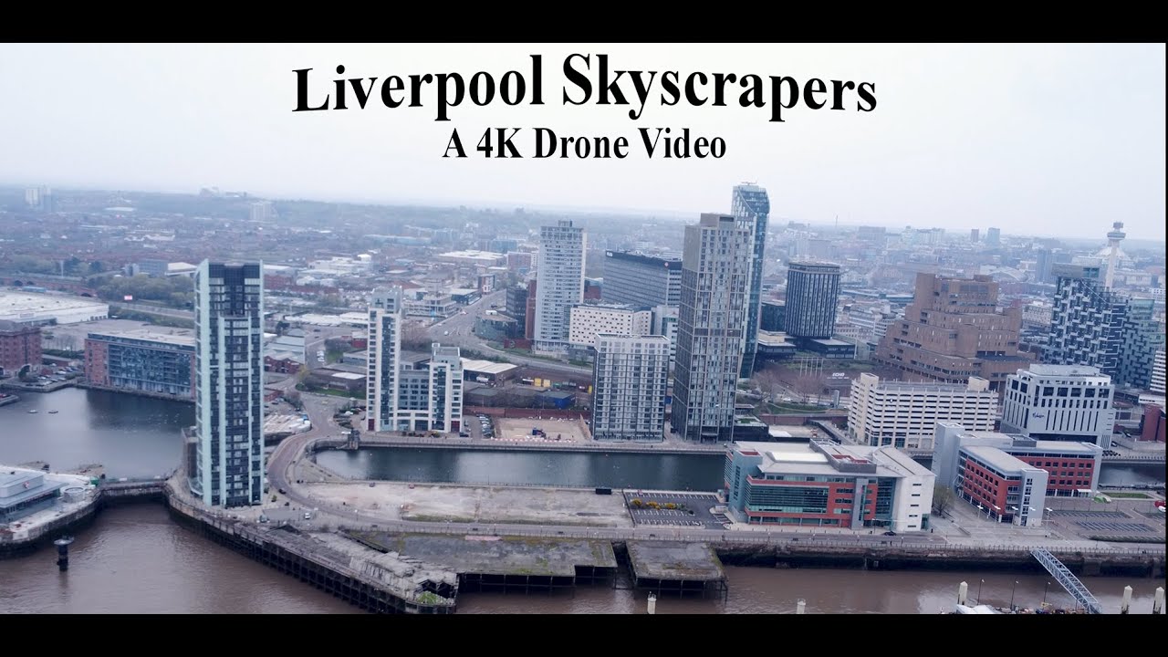 Liverpool - Panoramic View of West Tower, River Mersey and Chapel Street. A 4k Drone Video.