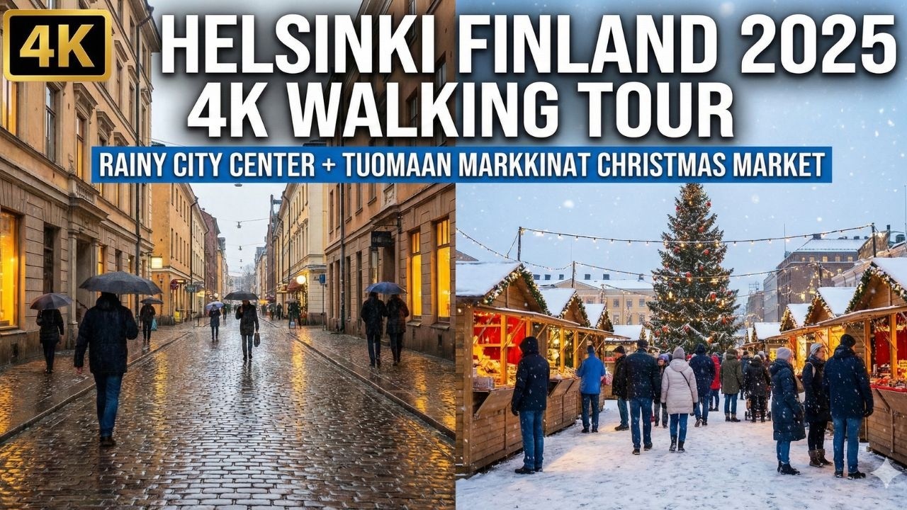 Helsinki Finland 2025 4K Walking Tour | Rainy City Center + Tuomaan Markkinat Christmas Market