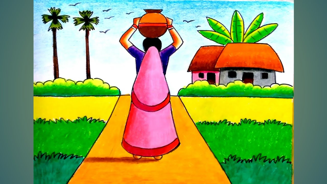 How to Draw A Village Scenery Step By Step Easy/Village Scenery Drawing