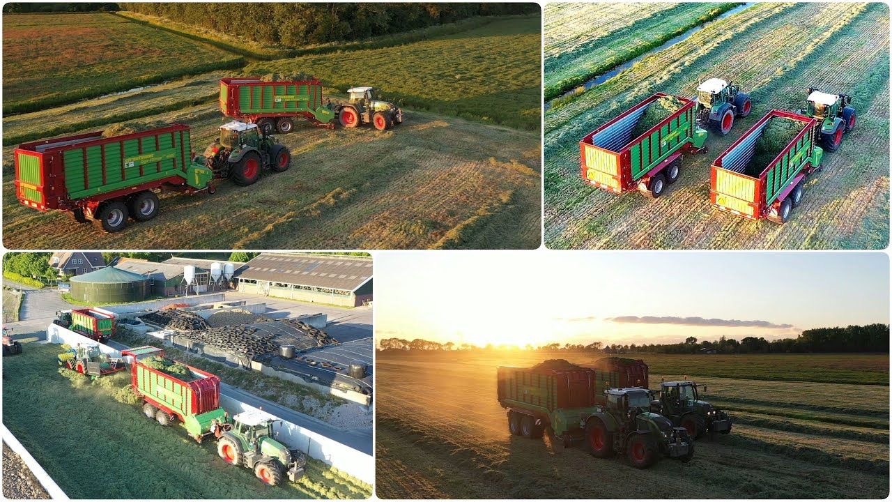 Grassen met zonsondergang | Silage with a sunset | Fendt 724 + 2x Fendt 820 | Jan Klaver