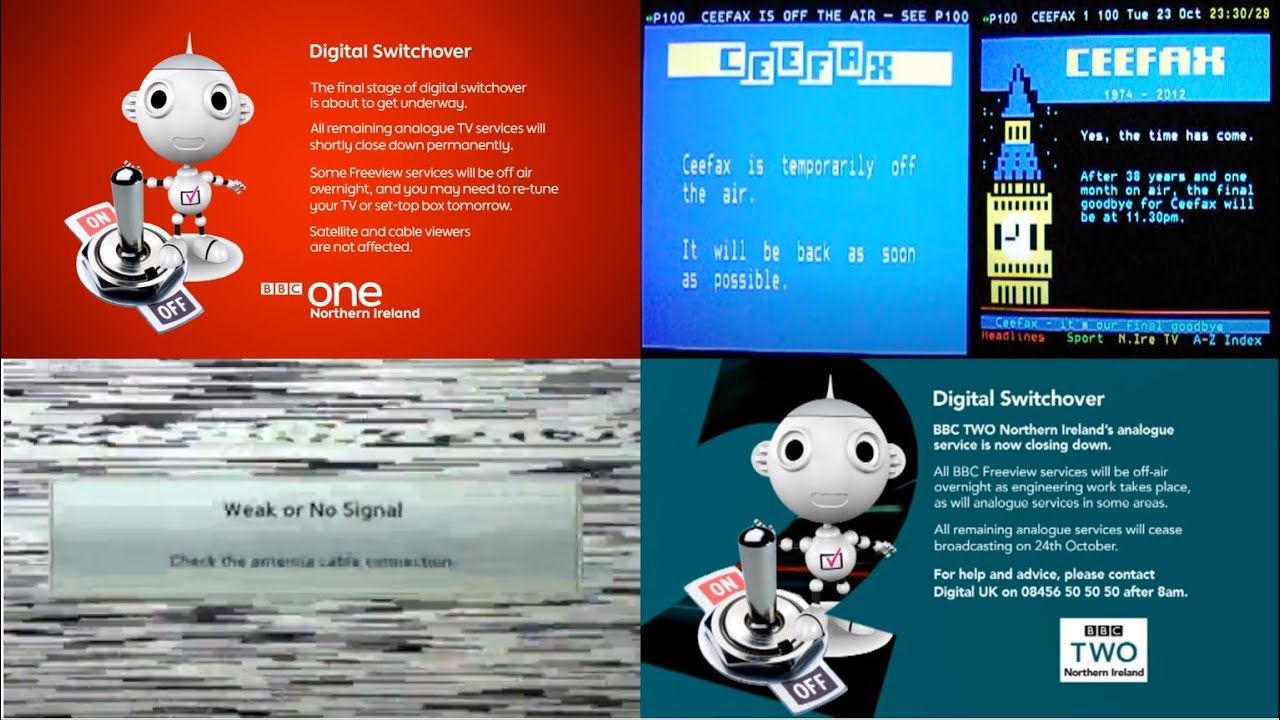 A compilation of analogue BBC channels being closed and replaced with digital channels.