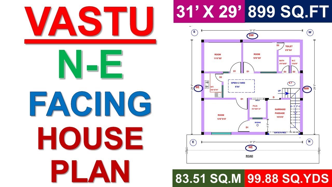 VASTU N - E FACING HOUSE PLAN 31' X 29' / 899 SQ.FT / 83.51SQ.M / 99.88 SQ.YDS