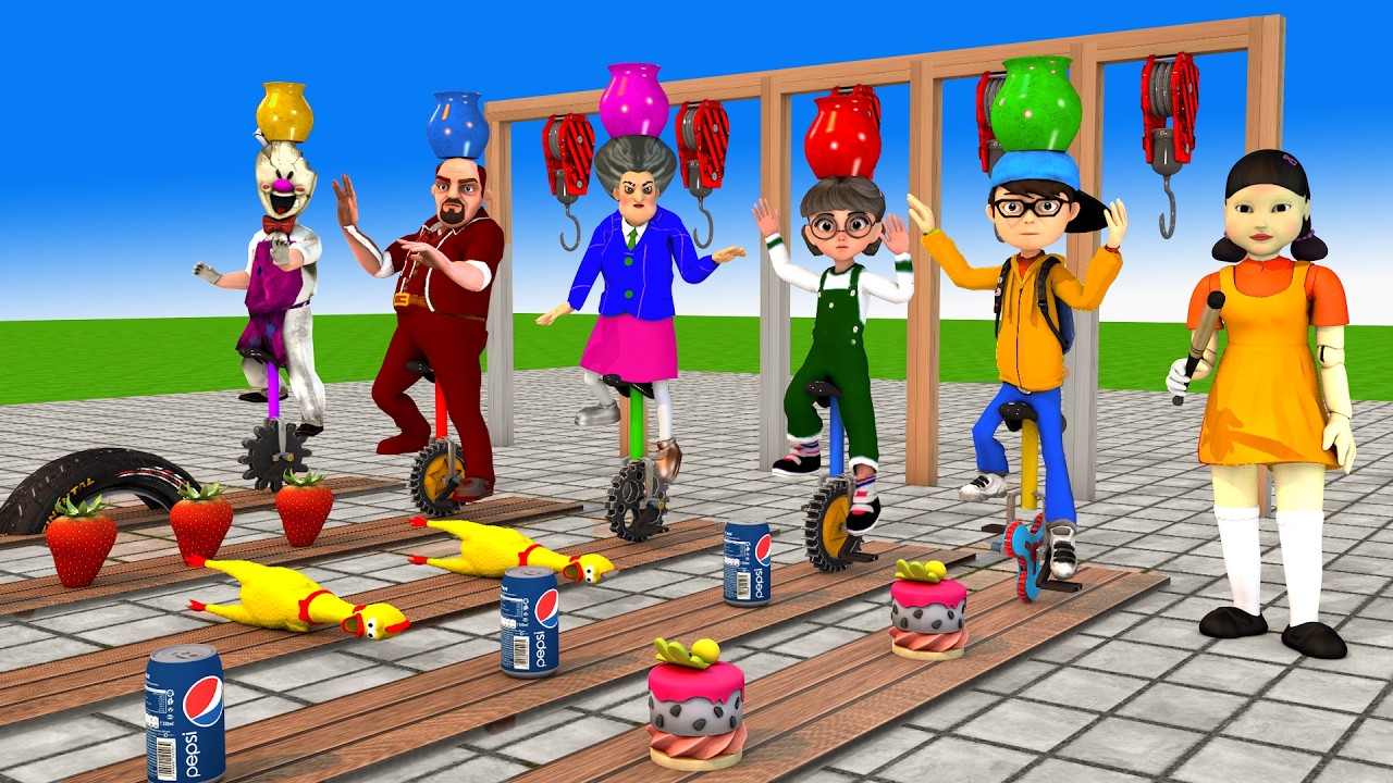 Scary Teacher 3D vs Squid Game WoodWheel Level Max vs Domino Honeycomb Candy Shape 5 Times Challenge
