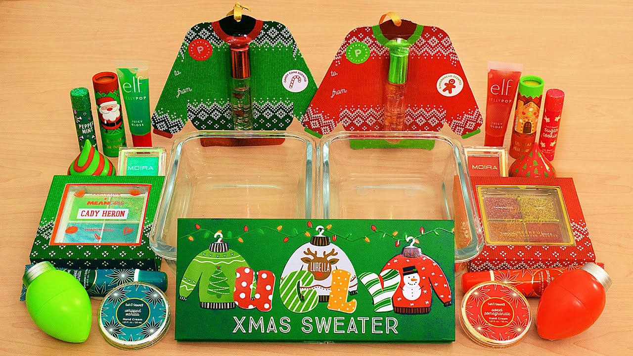 Red vs Green - Mixing Makeup Eyeshadow Into Christmas Slime ASMR