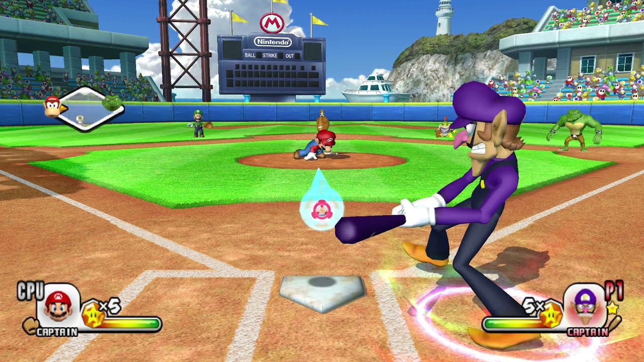 Waluigi hitting a home run without a charge swing