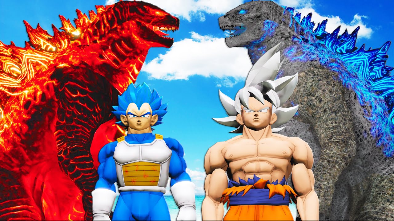 Годзилла Огонь и Годзилла Айс против Гоку и Вегеты (Dragon Ball)