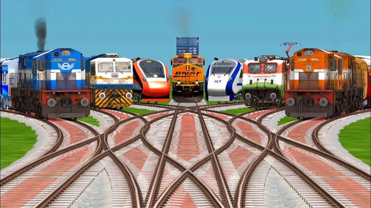 7 Trains Railroad Crossing By Bumpy Branched Railroad Tracks | Indian railways | train simulator 