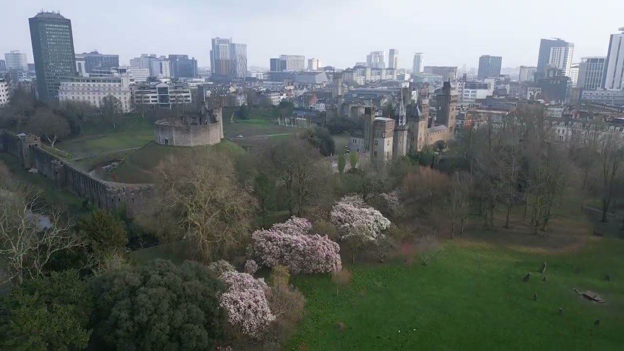 Cardiff Castle and Bute park in Cardiff, during March, Late Winter 2026 with Drone Lucy. 
